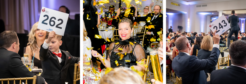 Group of three photos, the first is a child holding up bidder paddle number 262, the second is of gold confetti raining down around a guest, and the third is of a guest holding up bidder paddle number 243 with the auctioneer on stage in the background.